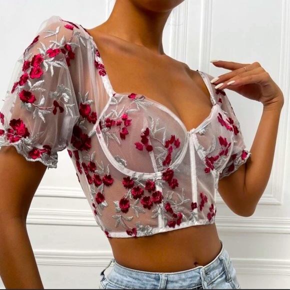 None Tops - Fairycore Y2K Rose Embroidered Floral Mesh Bustier Lace Crop Top Puff Sleeve